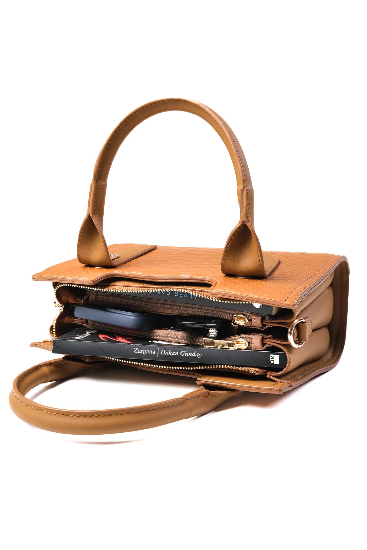 Taba Renk Krokodil Baskılı El Ve Omuz Çantası