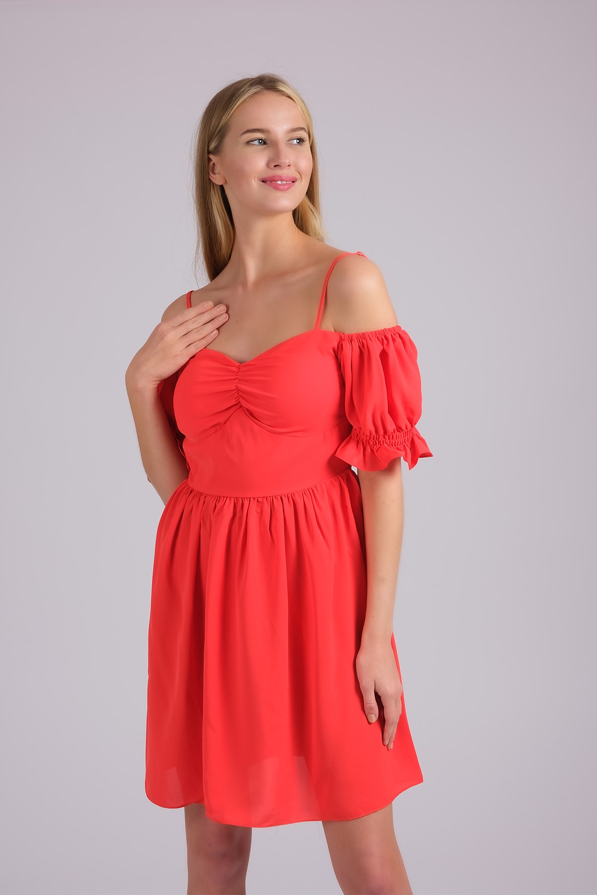 MIOROPA Turuncu Renk İp Askılı Kısa Kollu Kadın Elbise