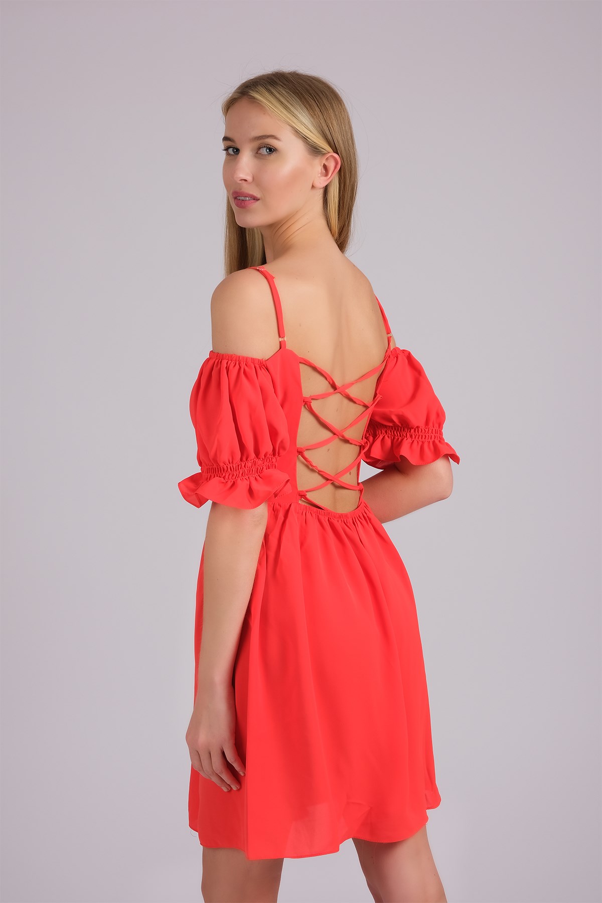 MIOROPA Turuncu Renk İp Askılı Kısa Kollu Kadın Elbise