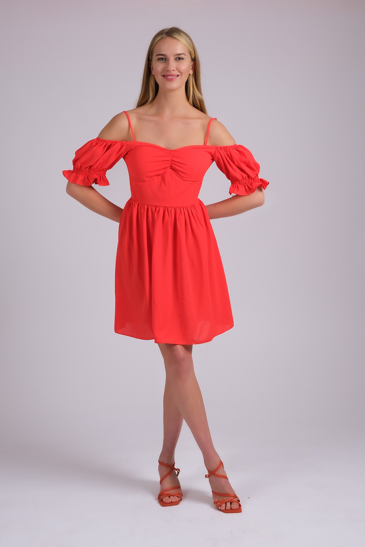 MIOROPA Turuncu Renk İp Askılı Kısa Kollu Kadın Elbise