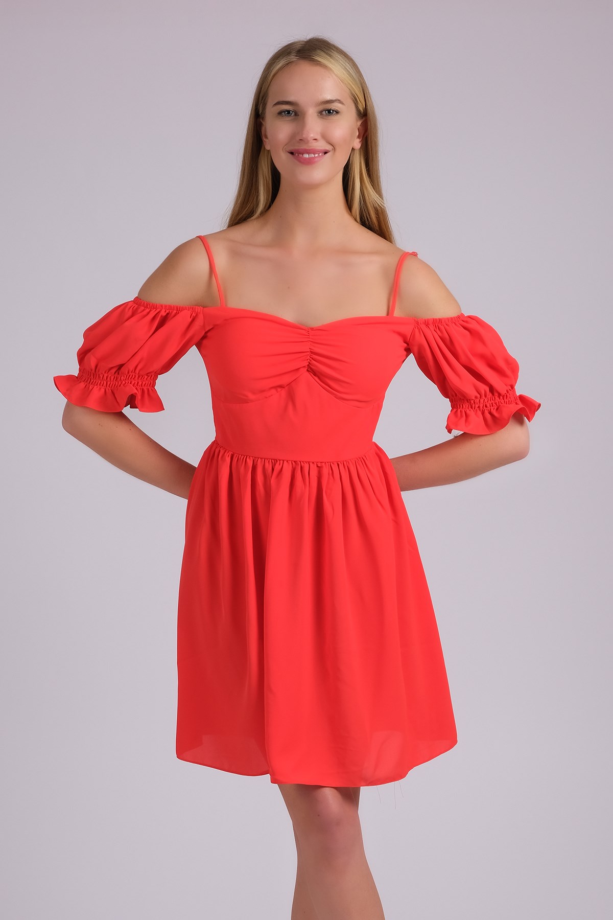 MIOROPA Turuncu Renk İp Askılı Kısa Kollu Kadın Elbise