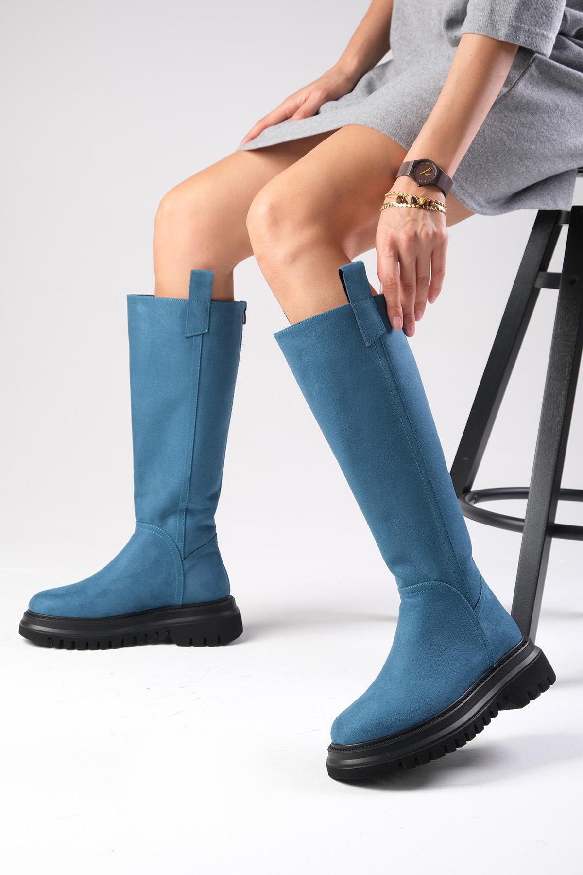 Veronica Petrol Mavi Renk Süet Fermuarlı Postal Çizme