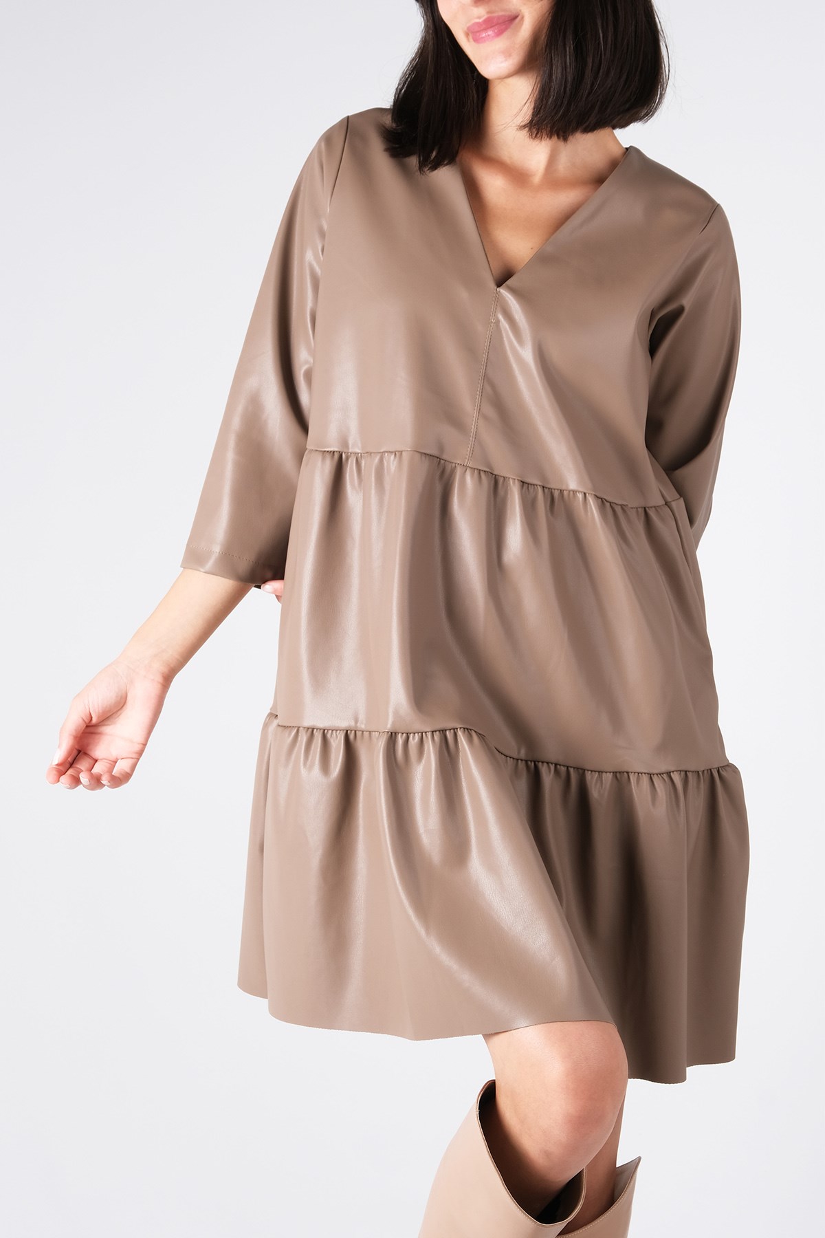 MIOROPA Vizon Renk Kadın Deri Elbise