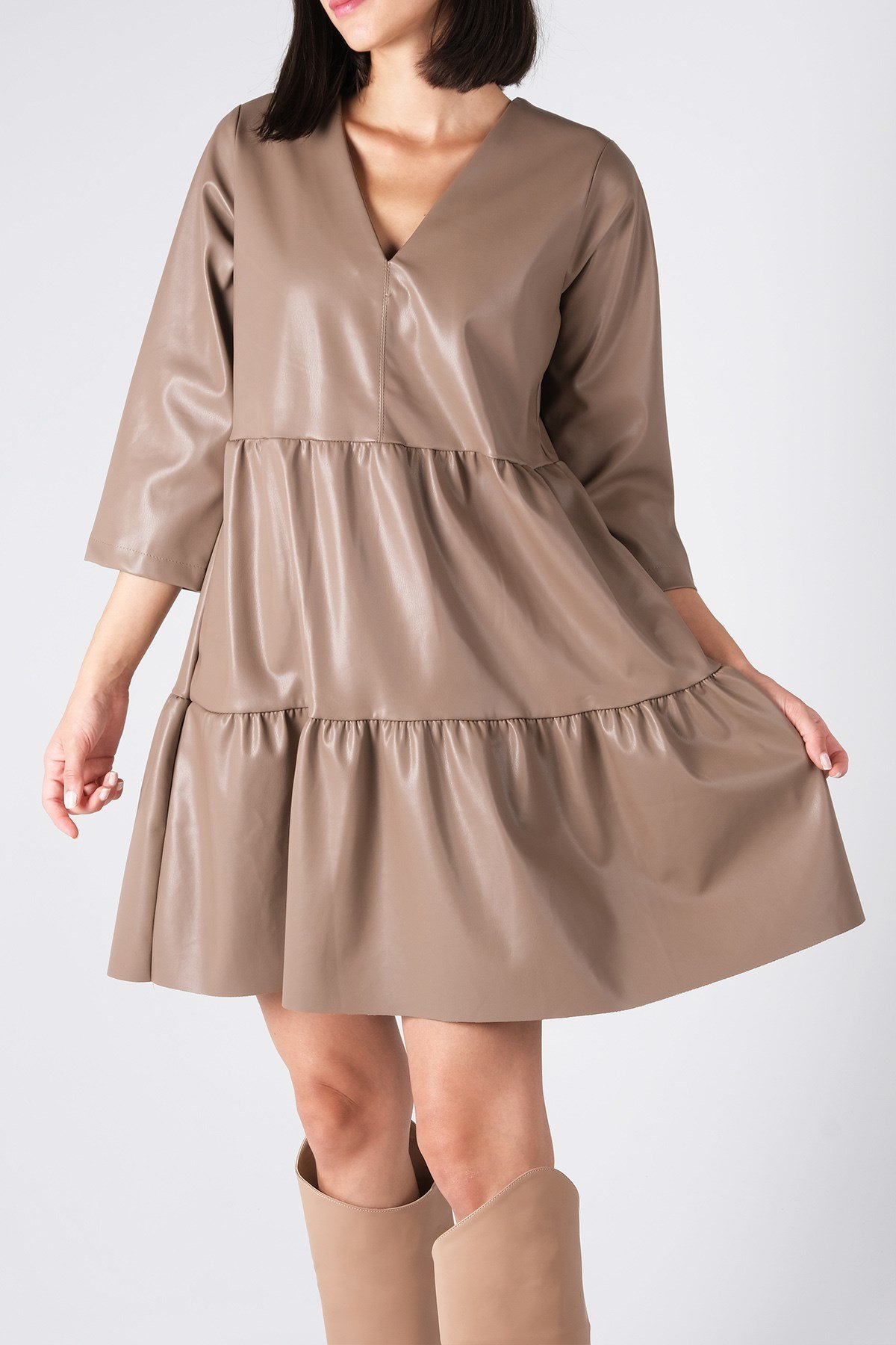 MIOROPA Vizon Renk Kadın Deri Elbise