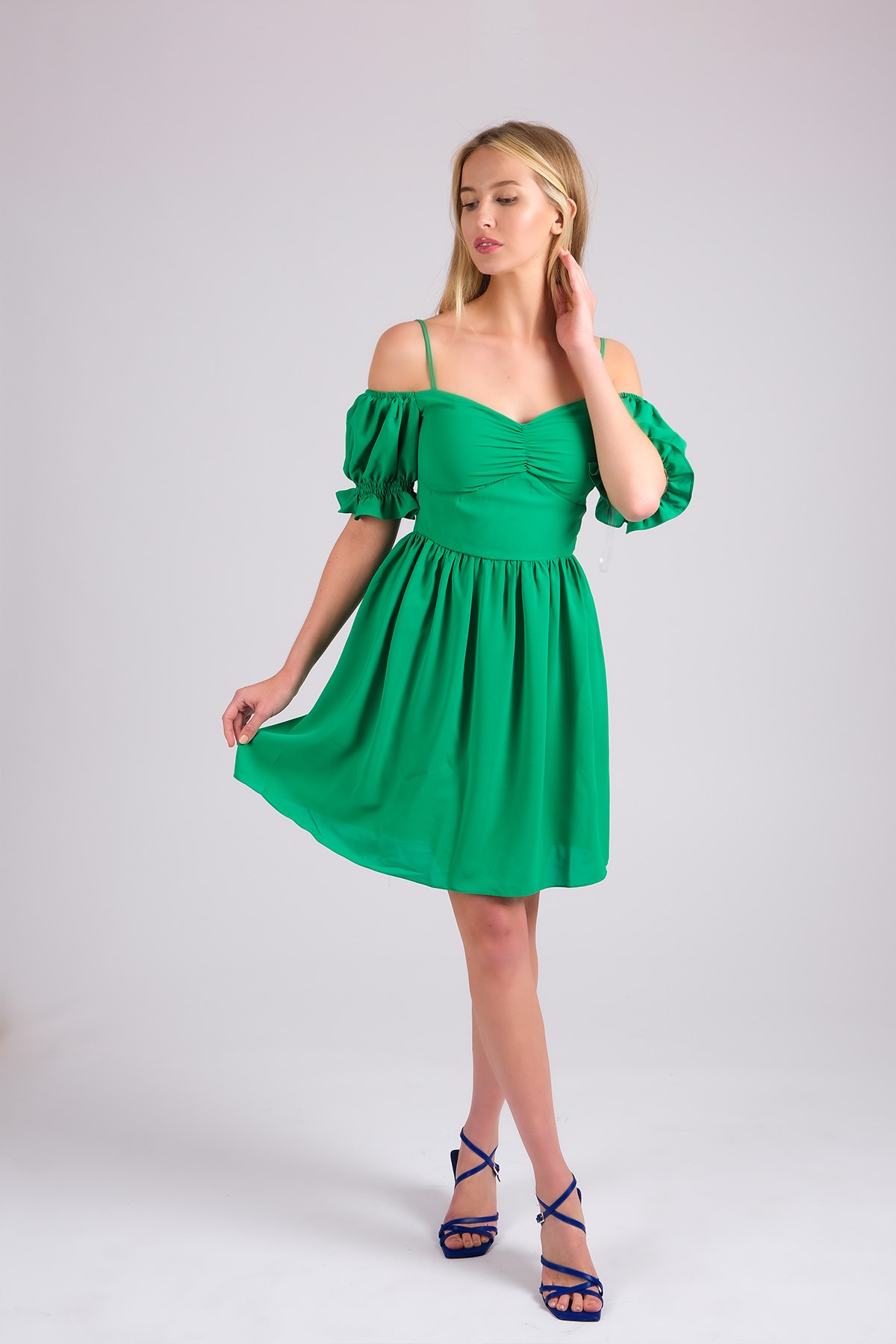 MIOROPA Yeşil Renk İp Askılı Kısa Kollu Kadın Elbise