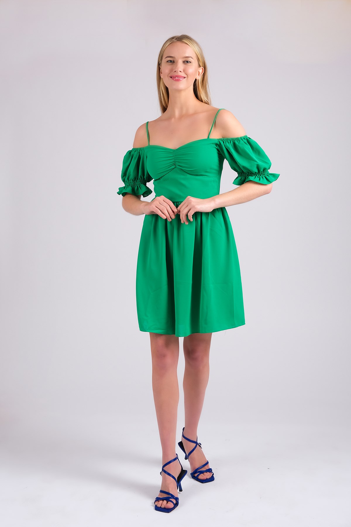 MIOROPA Yeşil Renk İp Askılı Kısa Kollu Kadın Elbise