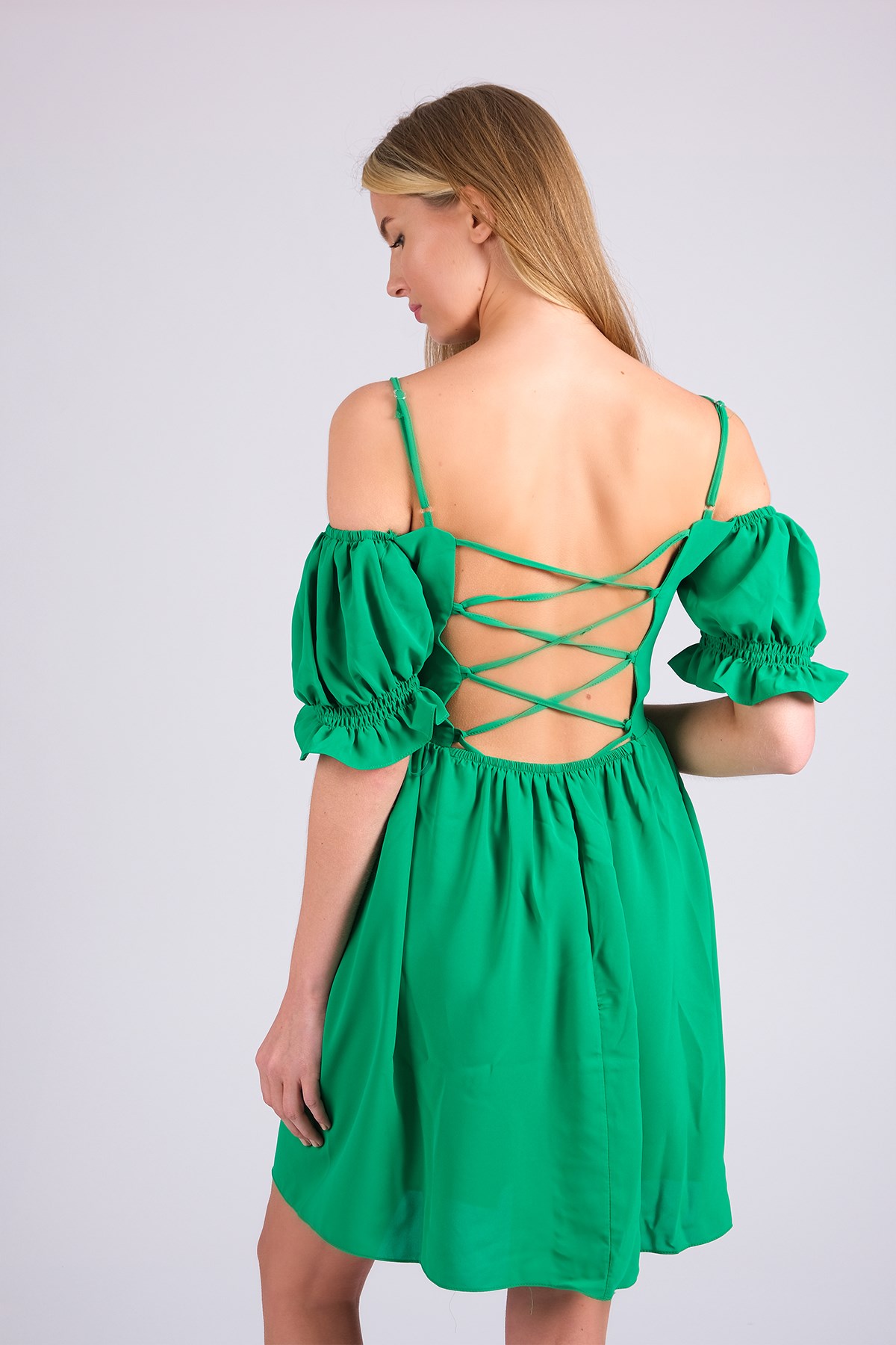 MIOROPA Yeşil Renk İp Askılı Kısa Kollu Kadın Elbise