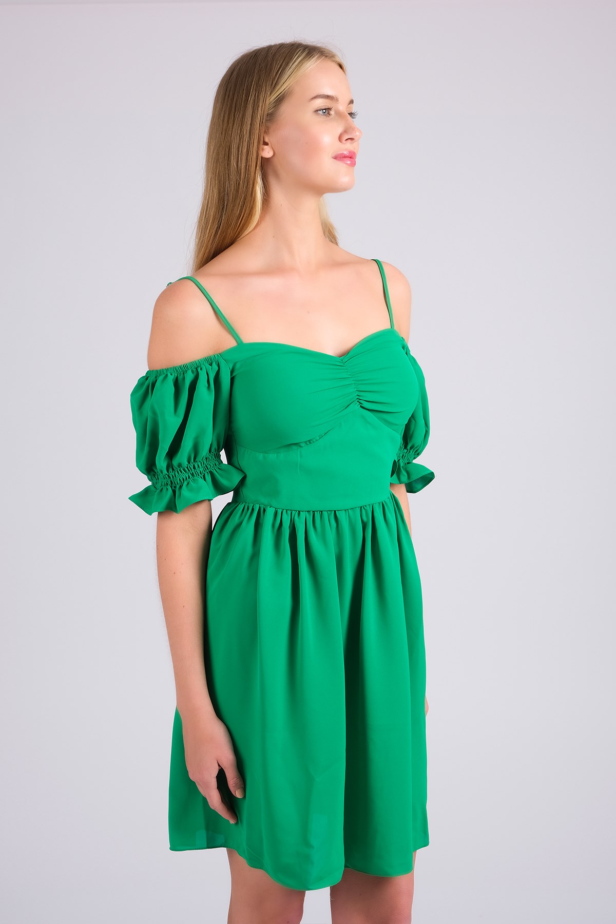 MIOROPA Yeşil Renk İp Askılı Kısa Kollu Kadın Elbise