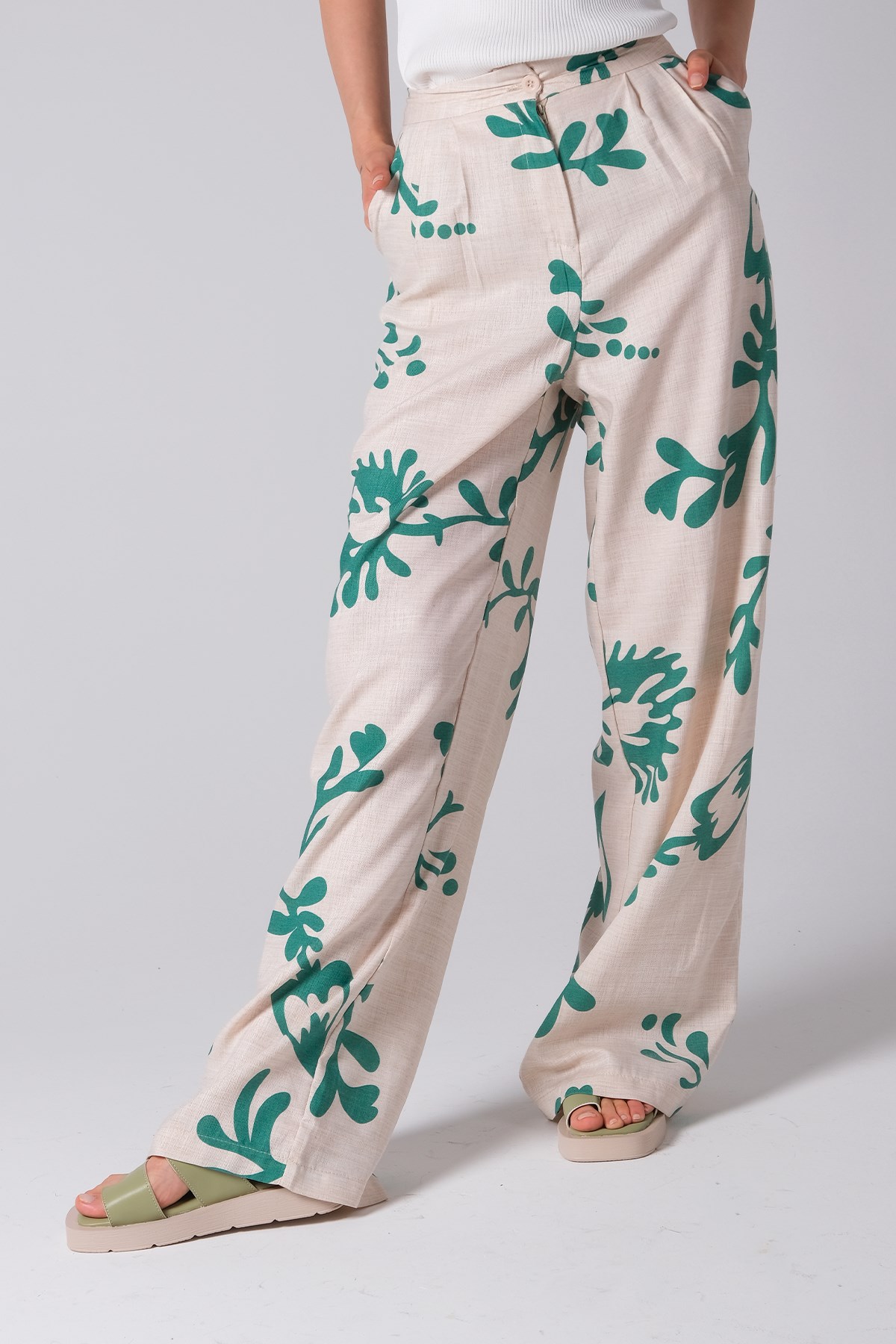 MIOROPA Yeşil Renk Kadın Bol Paça Pantalon