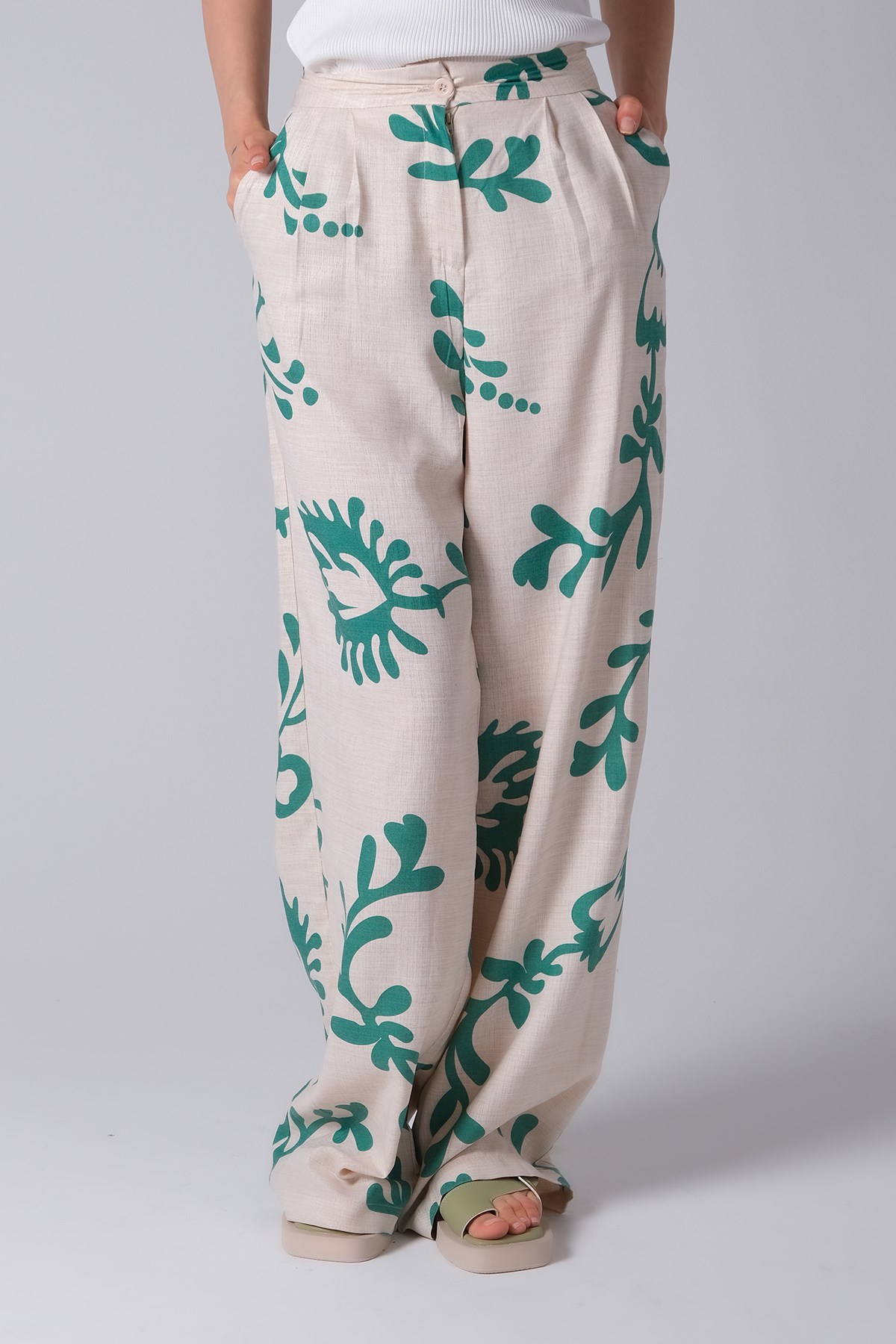 MIOROPA Yeşil Renk Kadın Bol Paça Pantalon