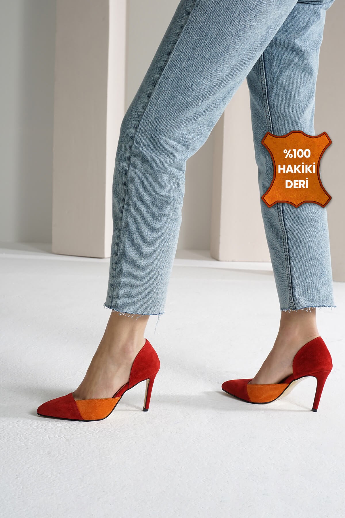 Mio Gusto Hakiki Süet Kırmızı Turuncu İki Renkli Stiletto Ayakkabı