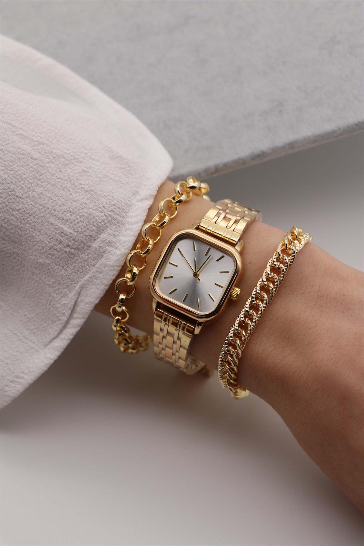 Perla Minimal Kare Gold Beyaz Kadran Kadın Kol Saati 