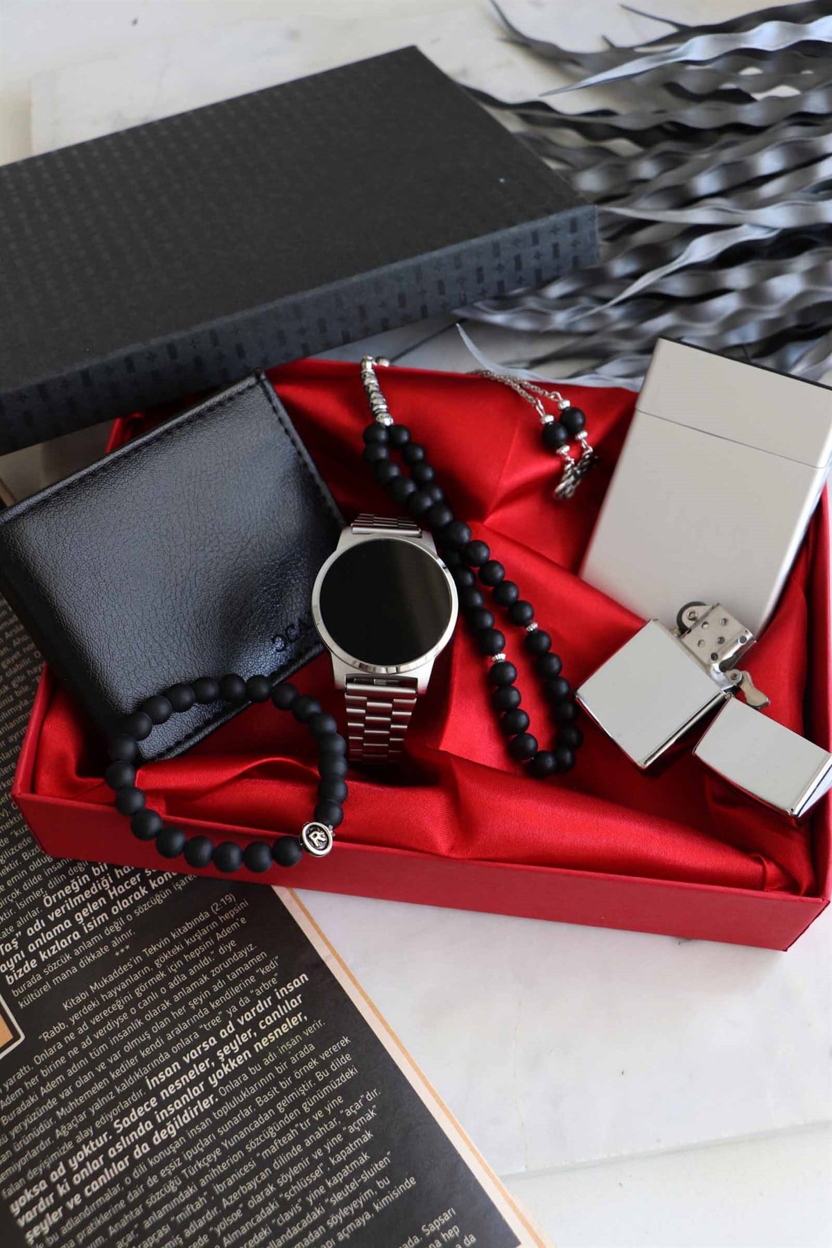 Silver Erkek Saat, cüzdan, zippo çakmak, plaka set