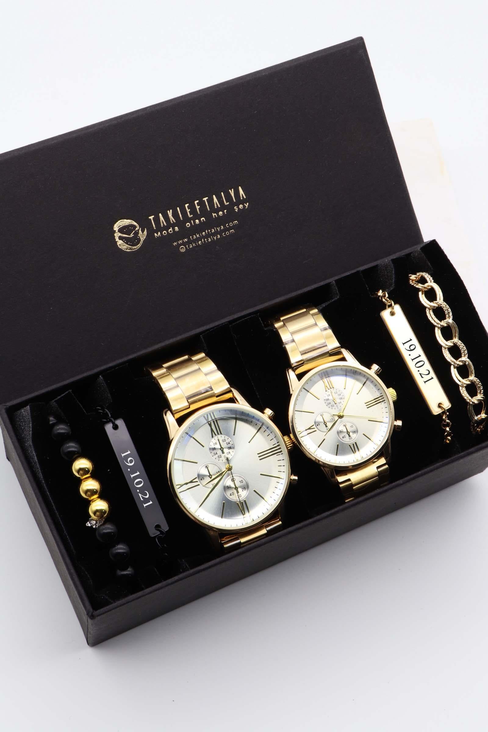  Kişiye Özel Gold Çift Saati, Çift Bileklik - Sevgili Kombini - Saat Seti