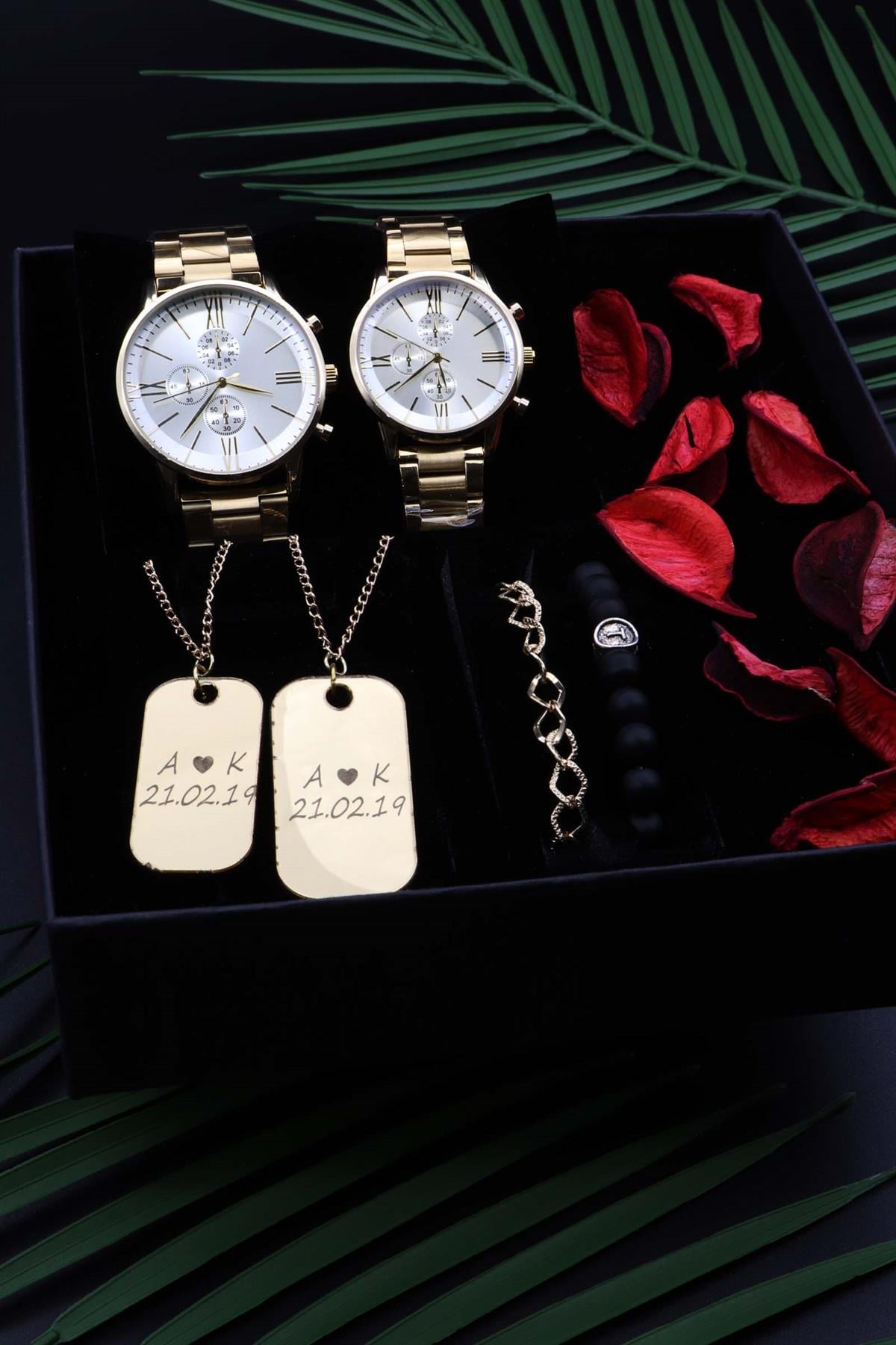 Gold Metal Çift Saati Ve Kişiye Özel Kolye&Bileklik Set