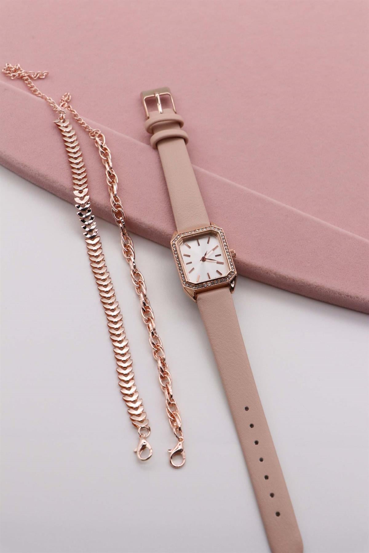Pembe Deri Kordon Zirkon Taşlı Minimal Kol Saati 
