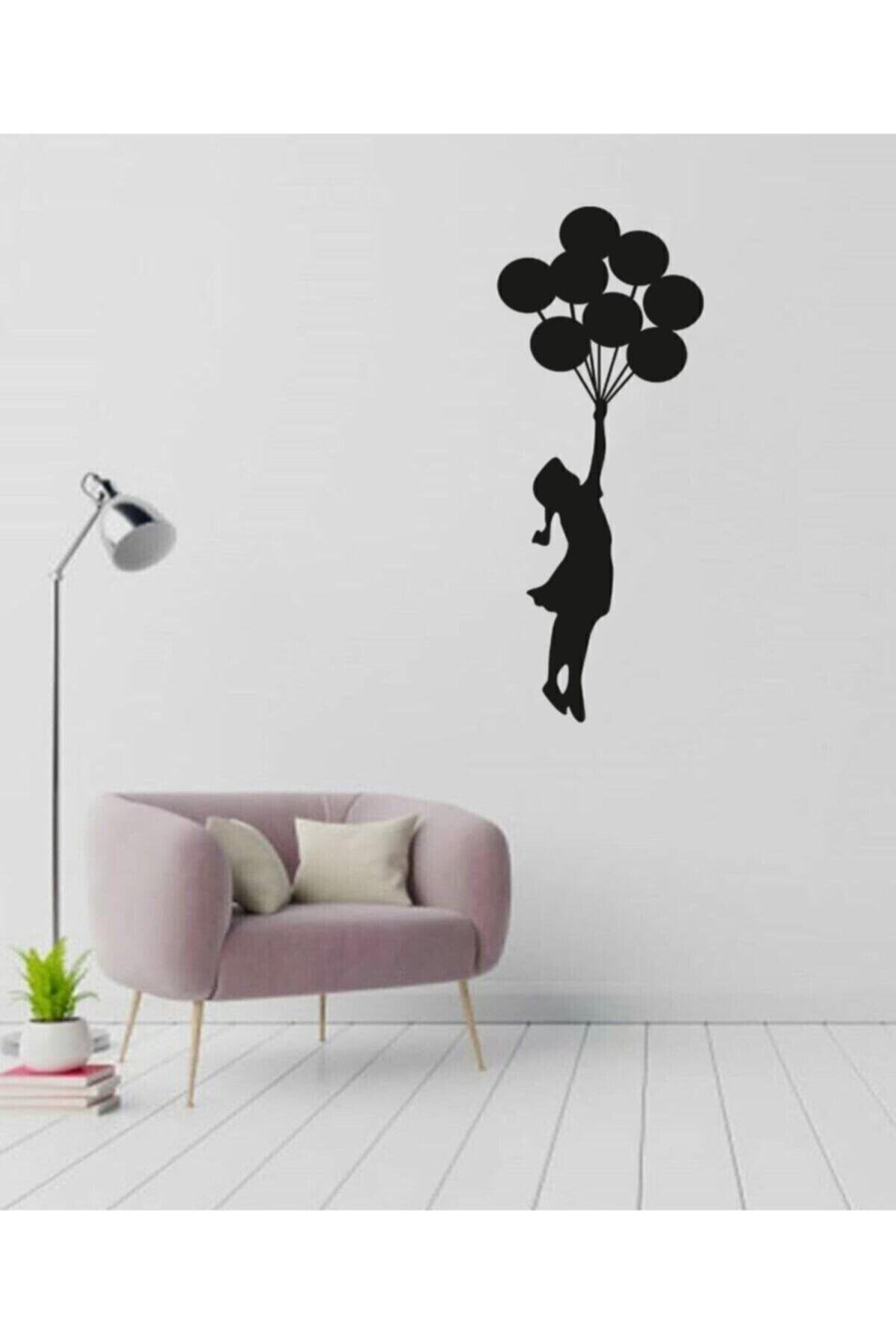 Tablo Ahşap Duvar Süsü Uçan Balonlu Kız 