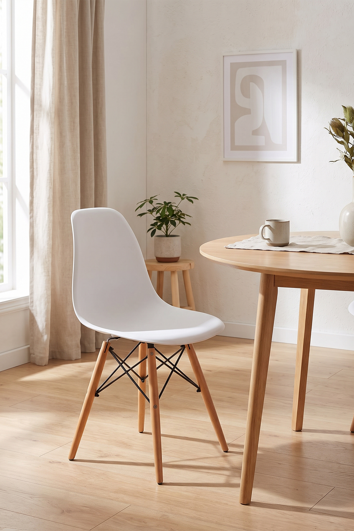 Seduna Beyaz Eames Sandalye | Natural Ahşap Ayaklı | 4 Adet