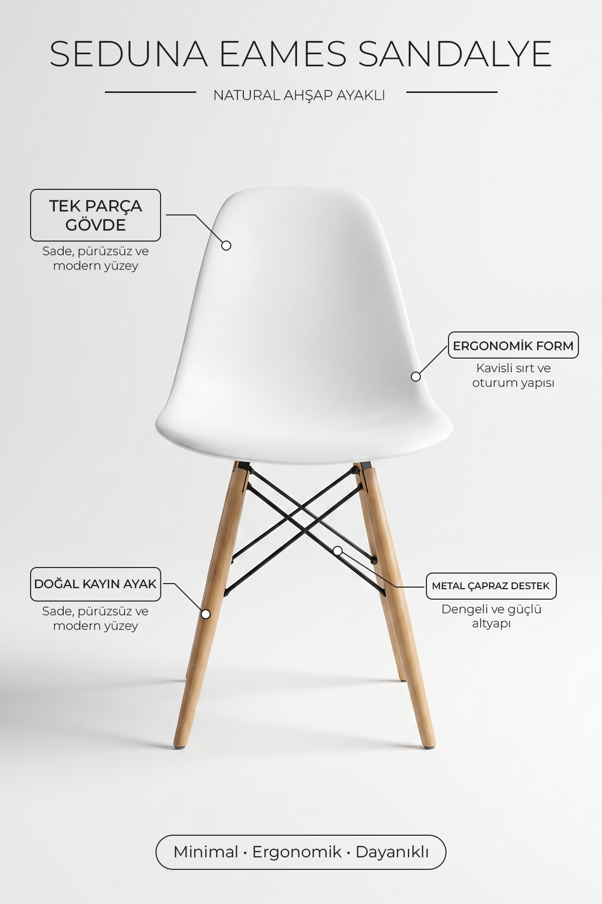 Seduna Beyaz Eames Sandalye | Natural Ahşap Ayaklı | 4 Adet