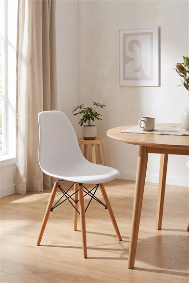 Seduna Beyaz Eames Sandalye | Natural Ahşap Ayaklı | 4 Adet