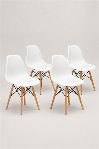 Seduna Beyaz Eames Sandalye | Natural Ahşap Ayaklı | 4 Adet