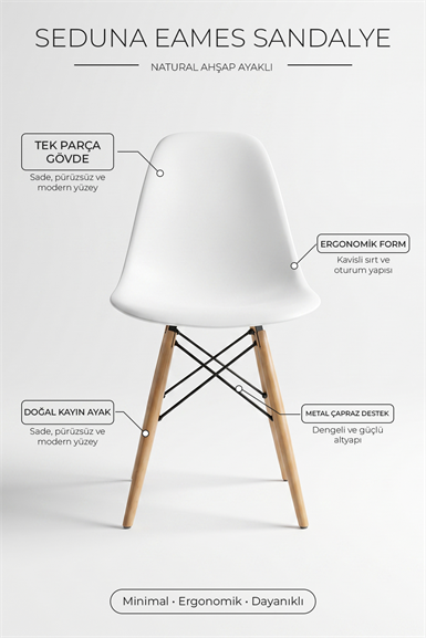 Seduna Beyaz Eames Sandalye | Natural Ahşap Ayaklı | 2 Adet