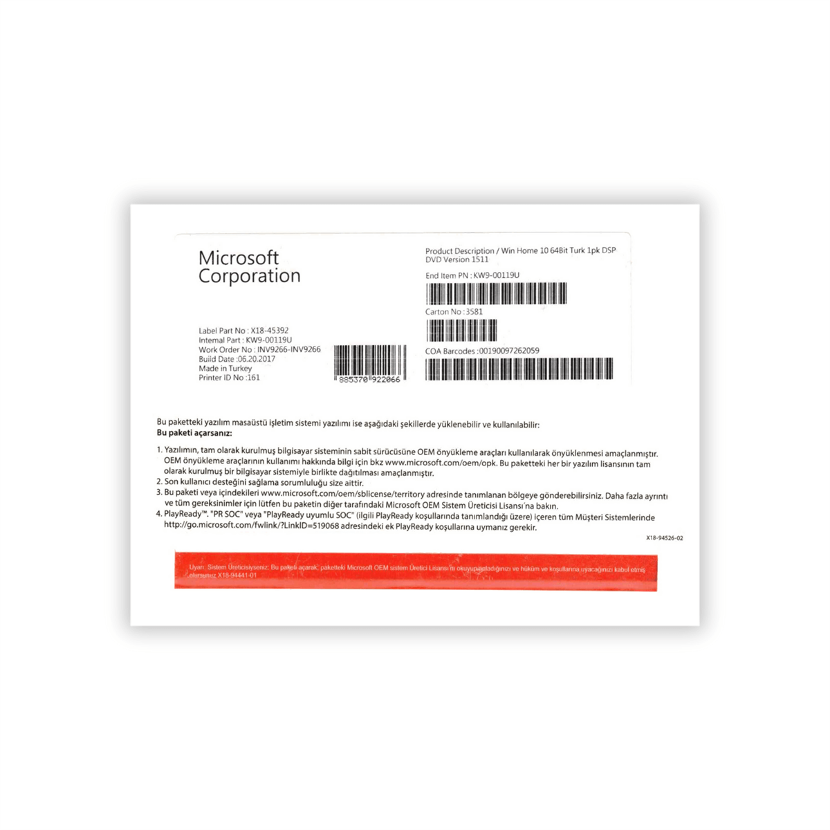 MicrosoftMicrosoft Windows 10 Home 64 Bit Türkçe OEM DVD KW9-00119İşletim Sistemleri