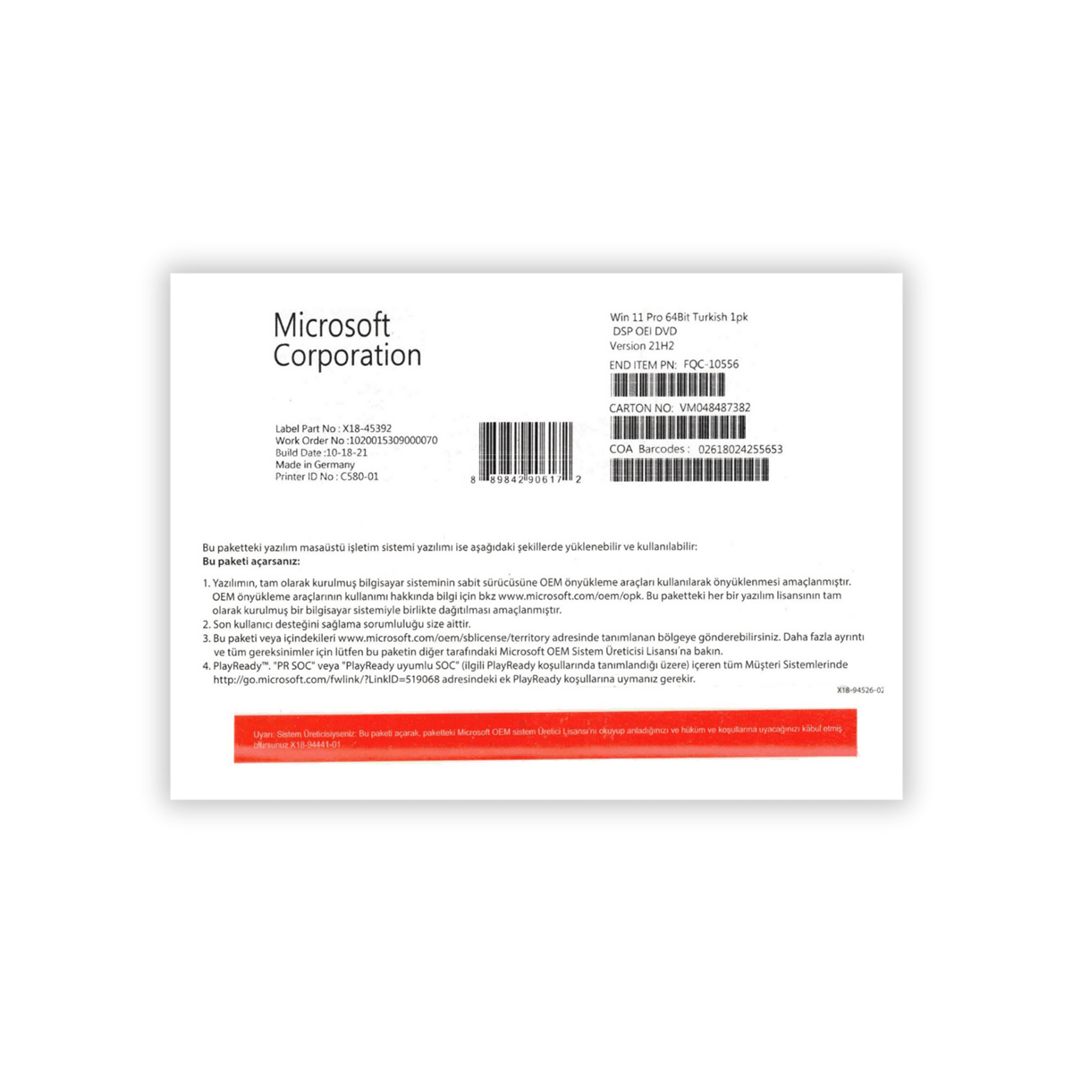 MicrosoftMicrosoft Windows 11 Pro ENG DVD Oem (64 Bit) FQC-10528İşletim Sistemleri