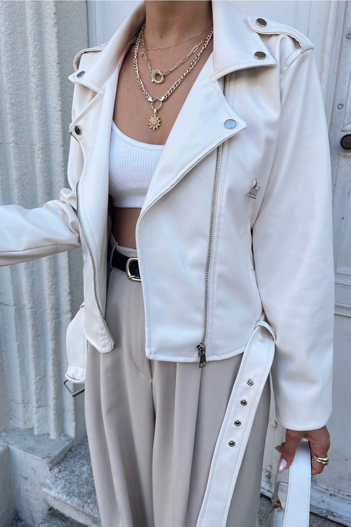 Beyaz Kadın Deri Ceket
