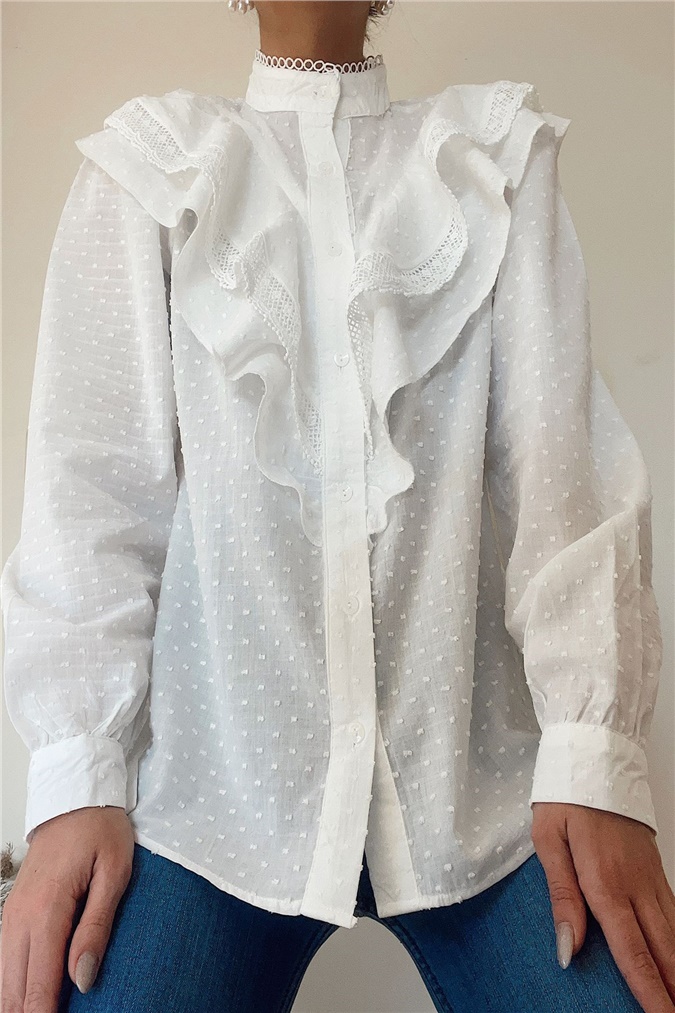 Kadın Fisto Beyaz Dik Yaka Fırfırlı Güpürlü Gömlek