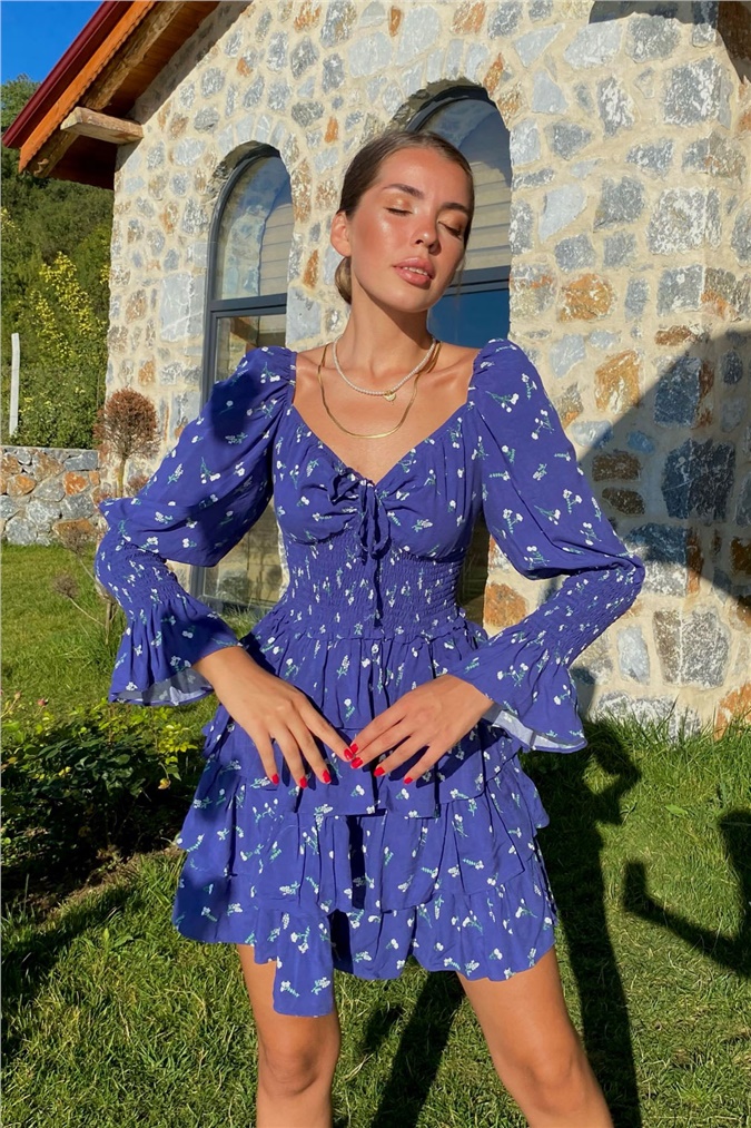 Kadın Mavi Balon Kol Fırfırlı Elbise