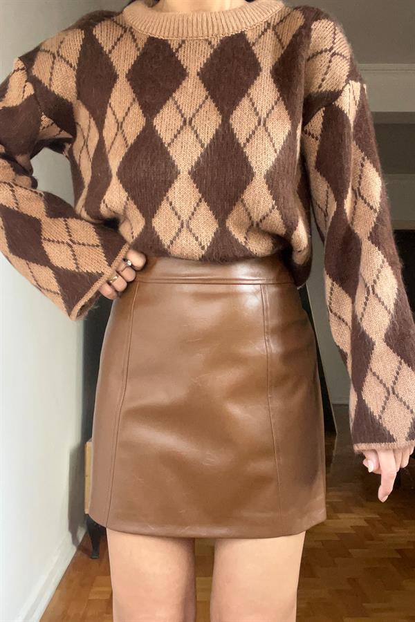 Kahve Trapez Mini Deri Etek Kahve Trapez Mini Deri Etek