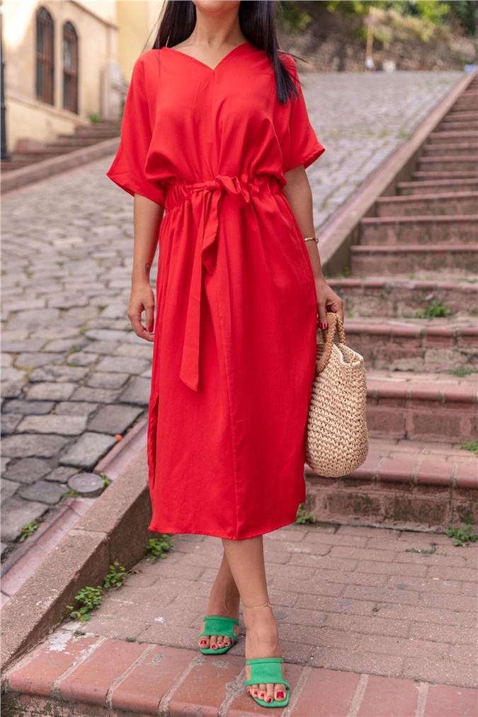 Kırmızı Tensel Kumaş Elbise