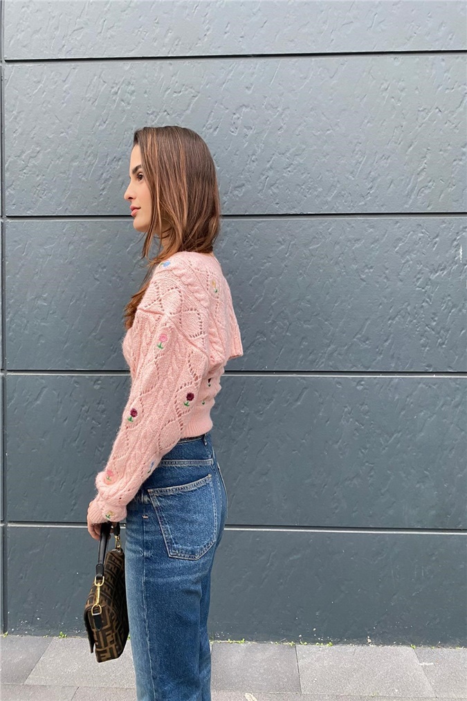 Pembe Çiçekli Crop Hırka Takım