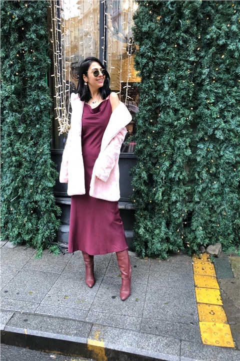 Bordo Askılı Saten Elbise
