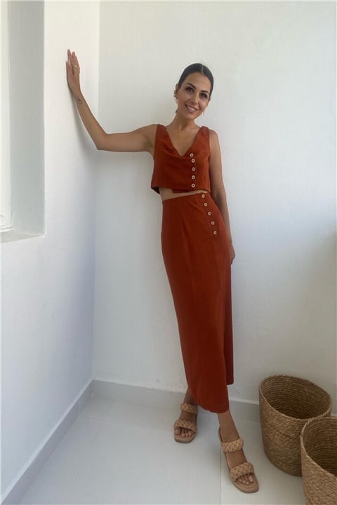 Keten Düğmeli Crop Etek Takım-Kiremit