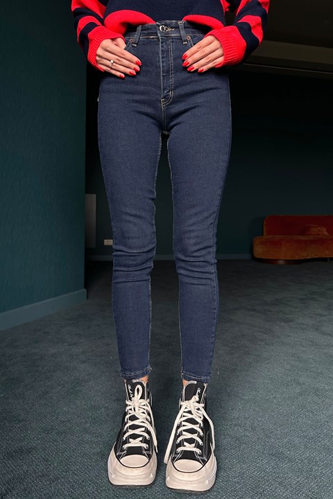 Koyu Lacivert Likralı Yüksek Bel Skinny Jean