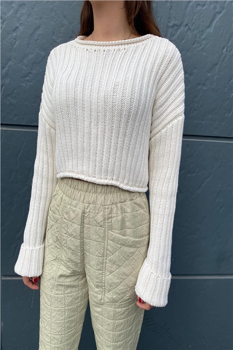 Naturel Selanik Oversize Kısa Triko Kazak