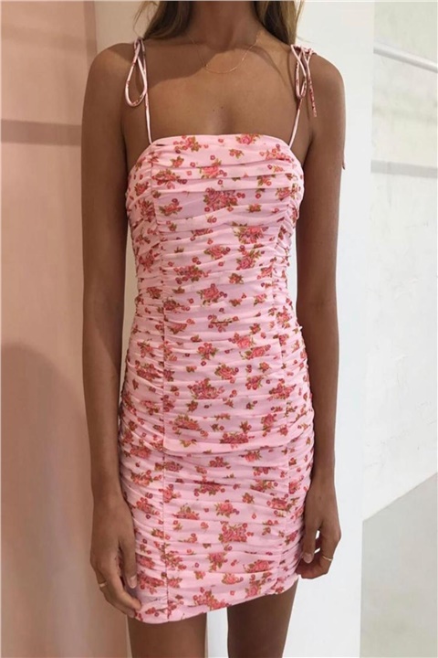 Pudra Çiçekli Şifon Mini elbise
