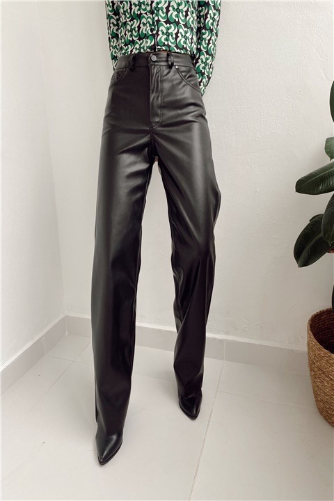 Siyah Bol Paça Deri Kadın Pantolon