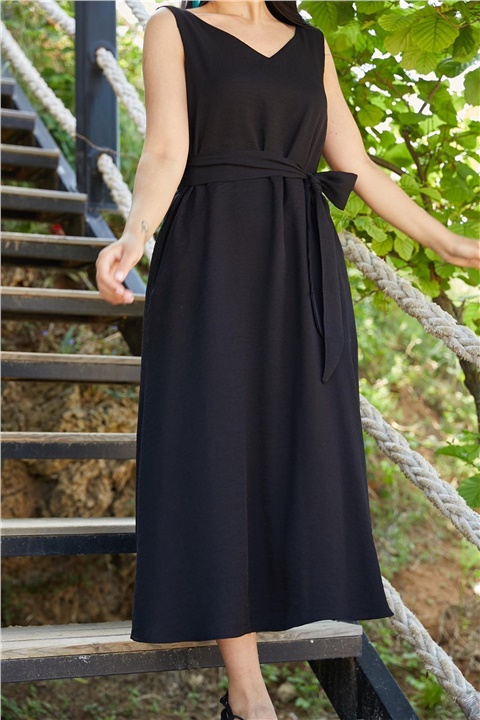 Siyah V Yaka Basic Kolsuz Elbise-03