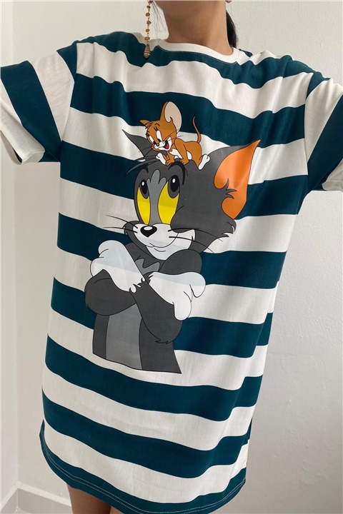 Tom ve Jerry Baskılı Çizgili Elbise