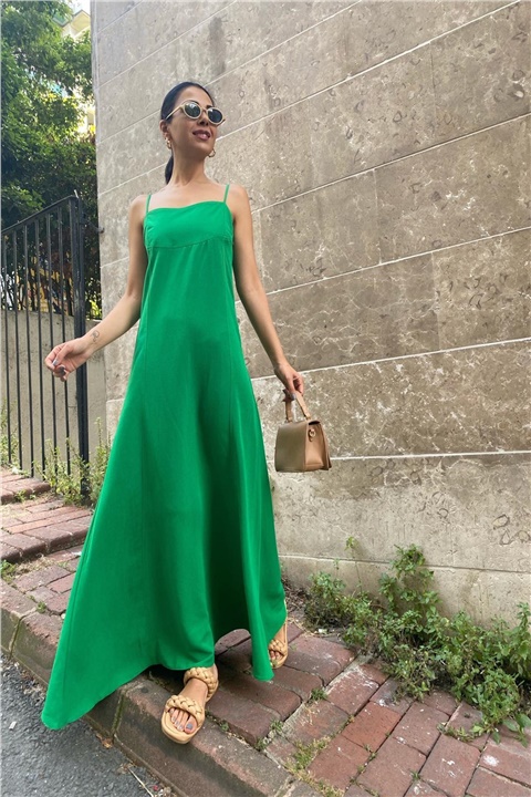 Yeşil Askılı Keten Elbise