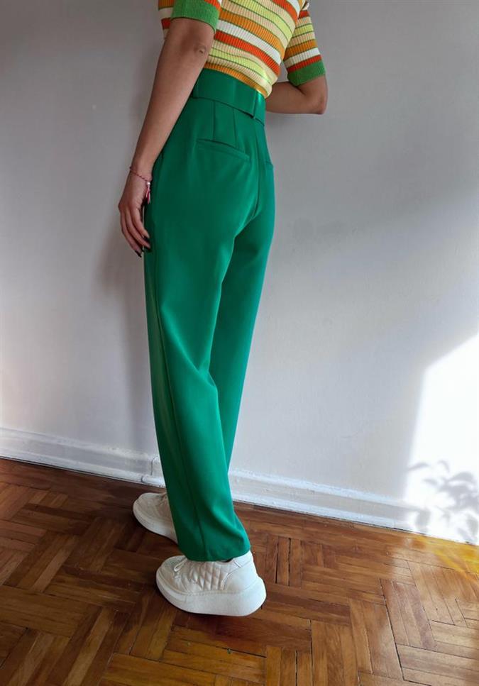 Yüksek Bel Kemerli Yeşil Kadın Pantolon
