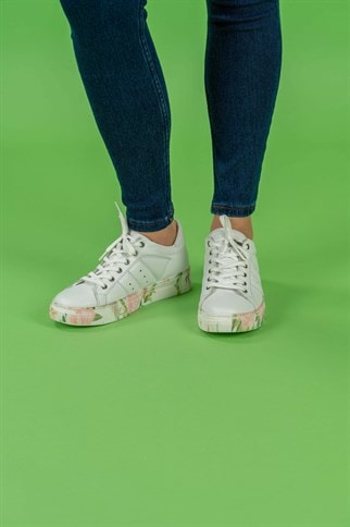 Quick Beyaz Hakiki Deri Çiçekli Kuşlu Tabanlı Spor Ayakkabı