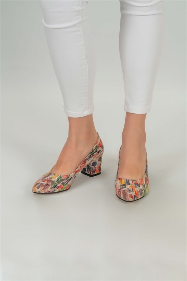 Afra Çok Renkli Klasik Topuklu Ayakkabı -Bej
