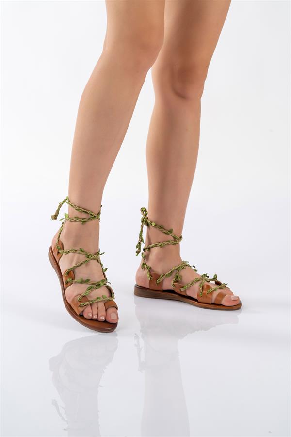 Leaf Bilek Bağlamalı Hakiki Deri Vintage Taba Sandalet
