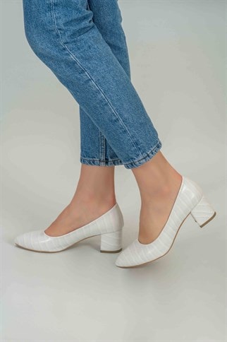 Afra Kroko Klasik Topuklu Ayakkabı -Beyaz