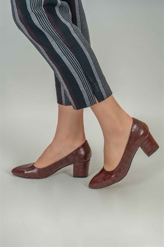 Afra Kroko Klasik Topuklu Ayakkabı -Bordo