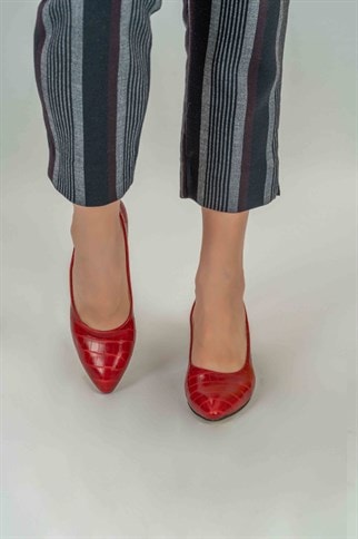Afra Kroko Klasik Topuklu Ayakkabı -Kırmızı